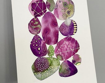 Abstract Watercolor Giclée Print: Purple, Pink, Lime Jewel Art (A4)
