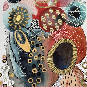 May include: Abstract watercolor painting with a variety of shapes and patterns in shades of blue, red, brown, and gold. The painting features circles, ovals, and other organic shapes with intricate details.