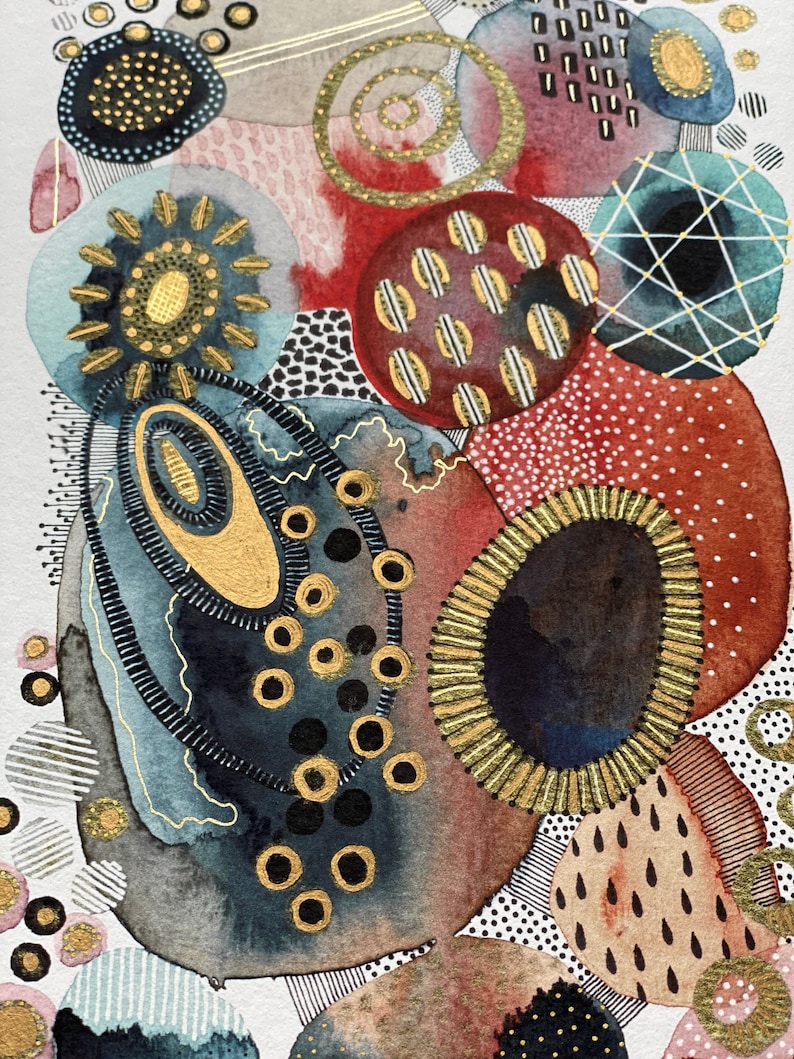 May include: Abstract watercolor painting with a variety of shapes and patterns in shades of blue, red, brown, and gold. The painting features circles, ovals, and other organic shapes with intricate details.
