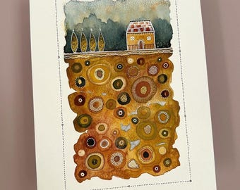 A4 Giclée Print - Autumn House Landscape Abstract Watercolour