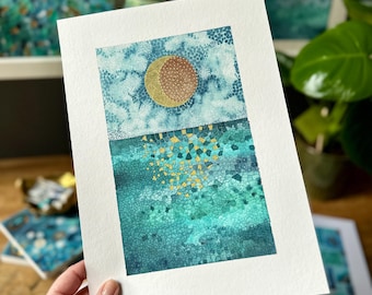 Hand Embellished Maldives Night Sky Giclée Print: Blue & Gold Ocean Watercolour