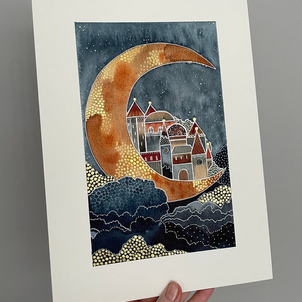 A4 Giclée Print - Moonbeam Town Abstract Watercolour, Moon & Stars Art Print, Moon Wall Art