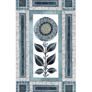 May include: A watercolor painting of a stylized flower with blue and gold accents. The flower is surrounded by a geometric pattern of squares and lines.