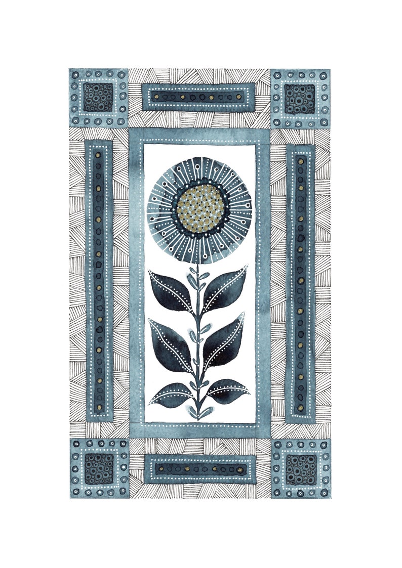 May include: A watercolor painting of a stylized flower with blue and gold accents. The flower is surrounded by a geometric pattern of squares and lines.