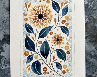 Floral Watercolor Giclée Print: Mustard, Blue, and Umber Tones