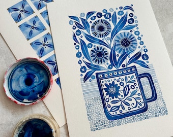 Blue Floral Mug Watercolor Giclée Print: Delft Folk Art