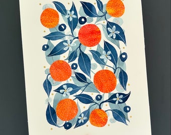 A3 Giclée print - Seville Oranges Watercolour Print, Orange Art Print, Orange & Blue Art print