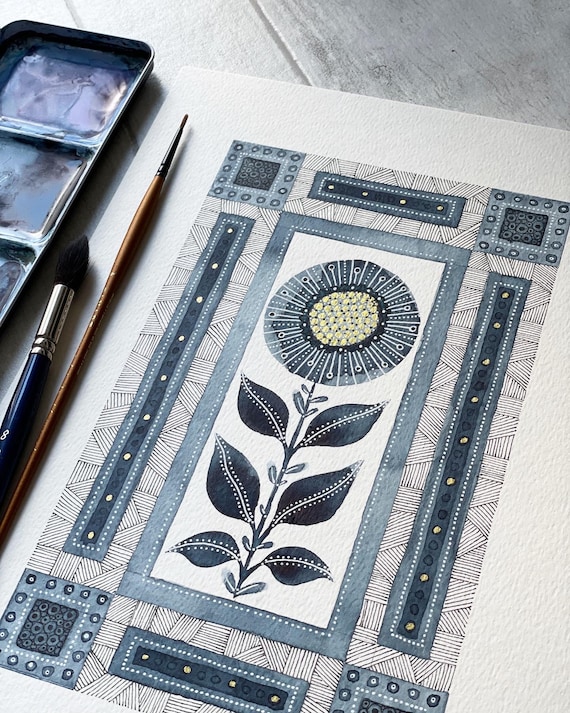 Blue Deco Floral Giclée Print – A4 Watercolour Folk Art