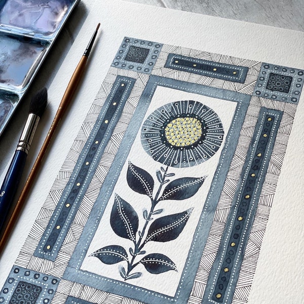 Blue Deco Floral Giclée Print – A4 Watercolour Folk Art