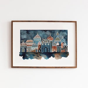 May include: A watercolor painting of a cityscape at night. The buildings are a mix of blue, green, and red, with intricate details. The sky is dark blue with white stars.