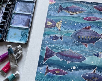 A3 Giclée print - Aqua & Fuchsia Fish Watercolour