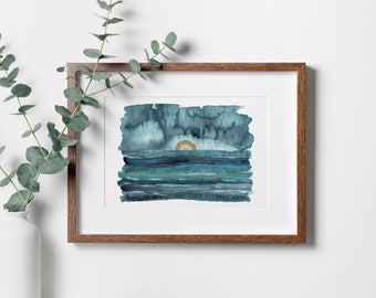 A3 Giclée print - Golden Tides  Watercolour Stripe, Beach Print, Beach Art, Seaside Art