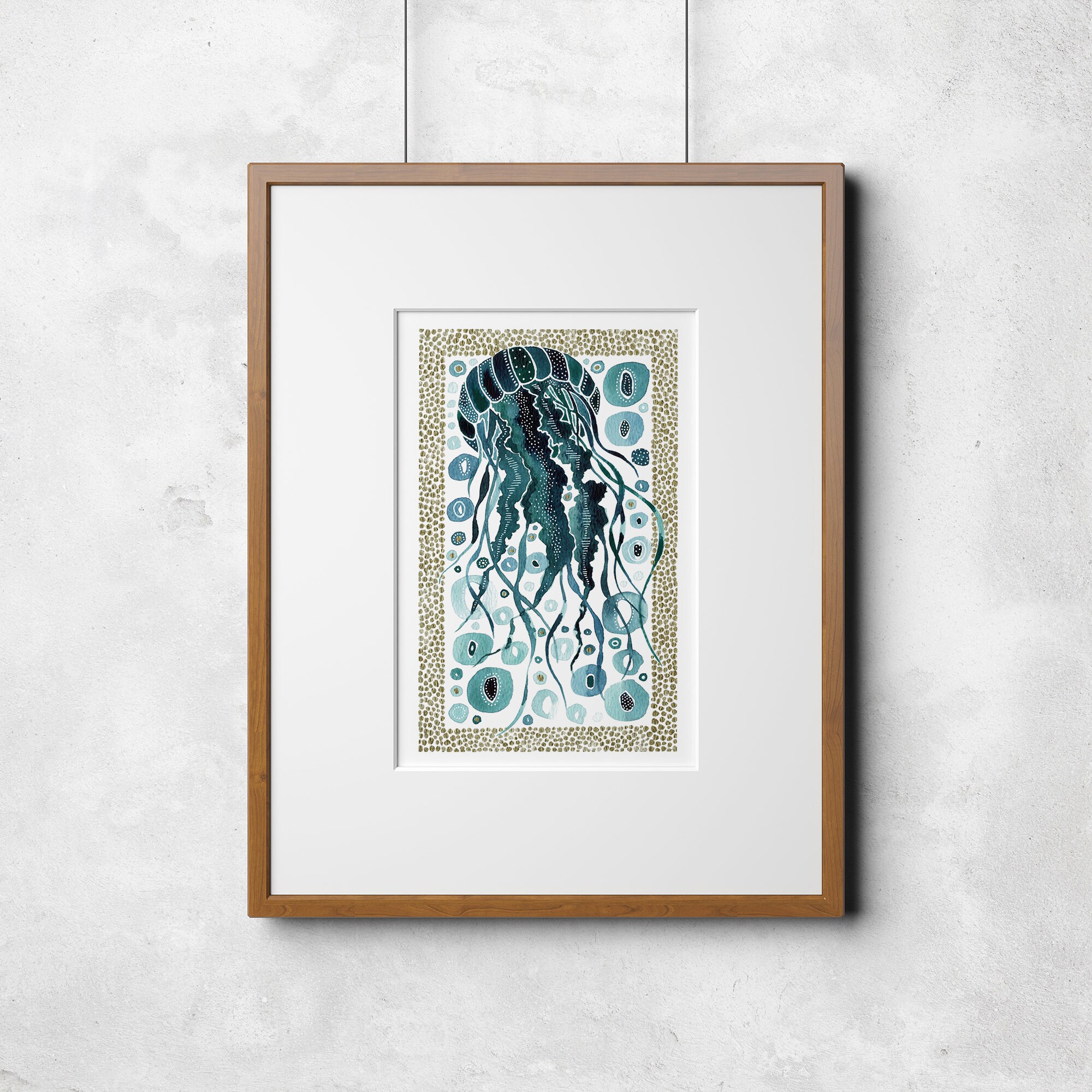 黄金のクラゲのジクレー版画：手描きのA4水彩画「海のアート」 - Etsy 日本