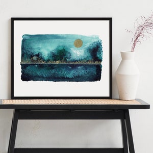 Mondlandschaft Aquarell Giclée Druck: Petrol & Gold A4 Art