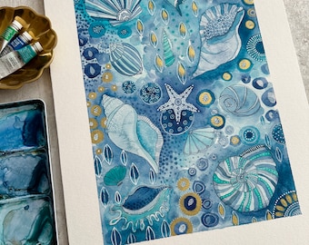 Ocean Seashells Watercolor Giclée Print: Hand Embellished A3 Art