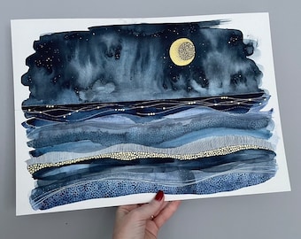 Midnight Tides Giclée Print: A3 Watercolor Seaside Art
