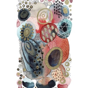 May include: Abstract watercolor painting with a variety of shapes and patterns in shades of red, blue, and gold. The shapes are layered and overlapping, creating a sense of depth and movement.