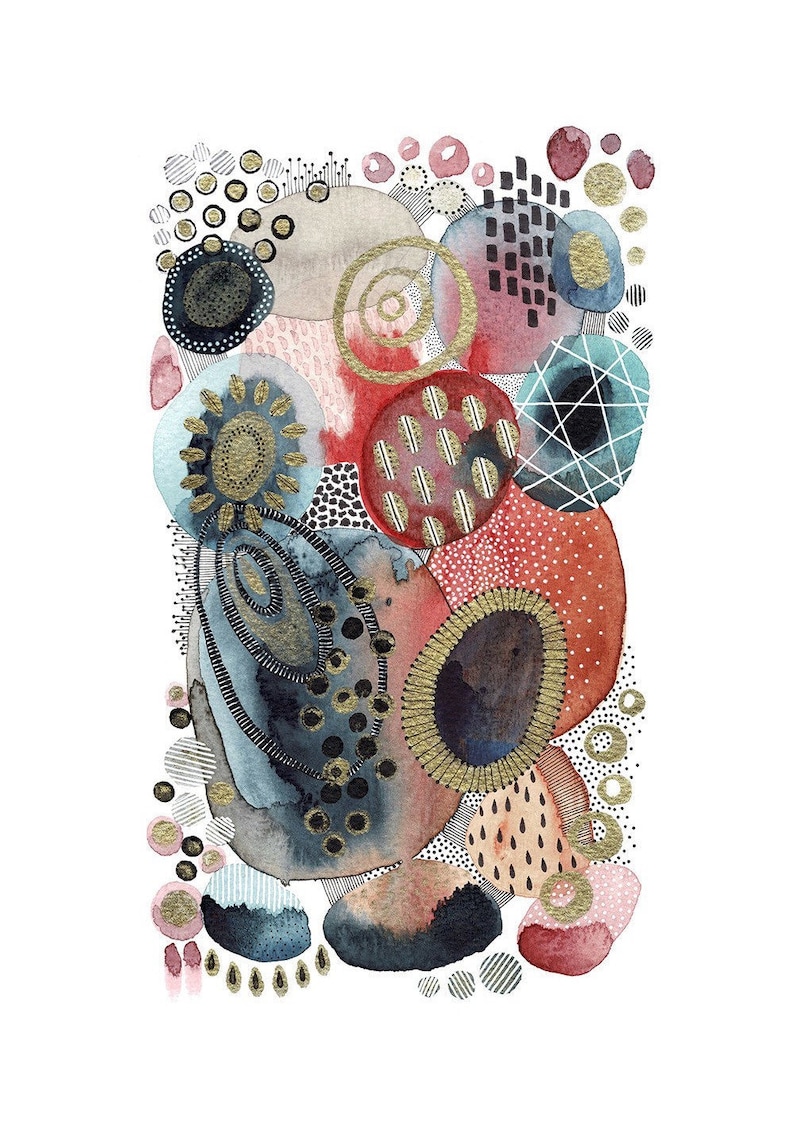 May include: Abstract watercolor painting with a variety of shapes and patterns in shades of red, blue, and gold. The shapes are layered and overlapping, creating a sense of depth and movement.