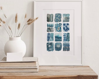 A4 Giclée print - Seafoam & Aqua mosaic Watercolour, Blue Art Print