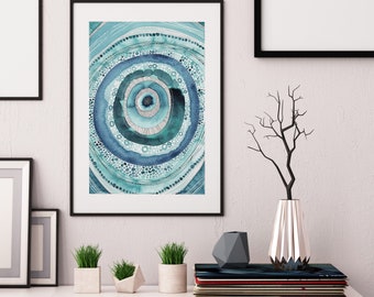 A3 Giclée print - Aqua Circles Abstract, Aqua Art Print, Turquoise Abstract Watercolour