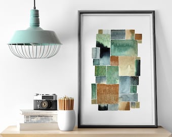 A4 Giclée Print - Green Squares Abstract Watercolour