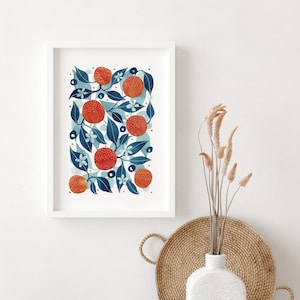 Impressão giclée A3 - Impressão em aquarela de laranjas de Sevilha, impressão artística em laranja, impressão artística em laranja e azul