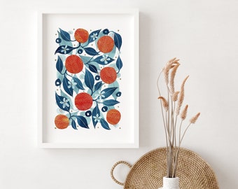 Seville Oranges Giclée Print: Watercolor Orange & Blue Art