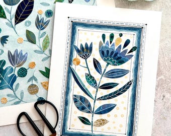A4 Folk Art Floral Watercolour Collage: Botanical Painting
