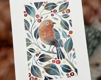 A4 Giclée print - Winter Robin Watercolour, Bird Art Print, Robin Watercolour Art Print, bird Art