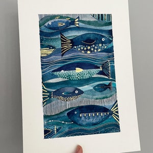 A4 Giclée Print - Underwater Fish Stripe, Blue & Gold Stripe Abstract Watercolour, Fish Wall Art, Sea Art Print, Ocean Stripe Print