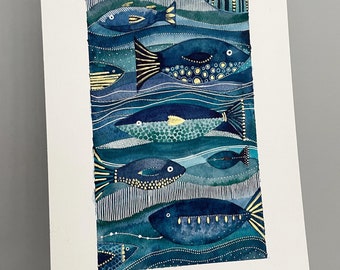 Blue & Gold Fish Giclée Print: Abstract Watercolor Sea Art (A4)