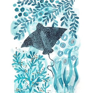 May include: Watercolor painting of a spotted ray swimming in a turquoise blue ocean with seaweed and bubbles. The ray is black with white spots and has a long tail.
