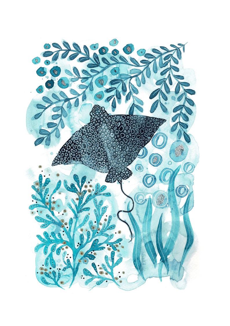 May include: Watercolor painting of a spotted ray swimming in a turquoise blue ocean with seaweed and bubbles. The ray is black with white spots and has a long tail.