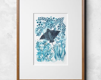 Eagle Ray Giclée Print: Abstract Watercolor Sea Art (A4)