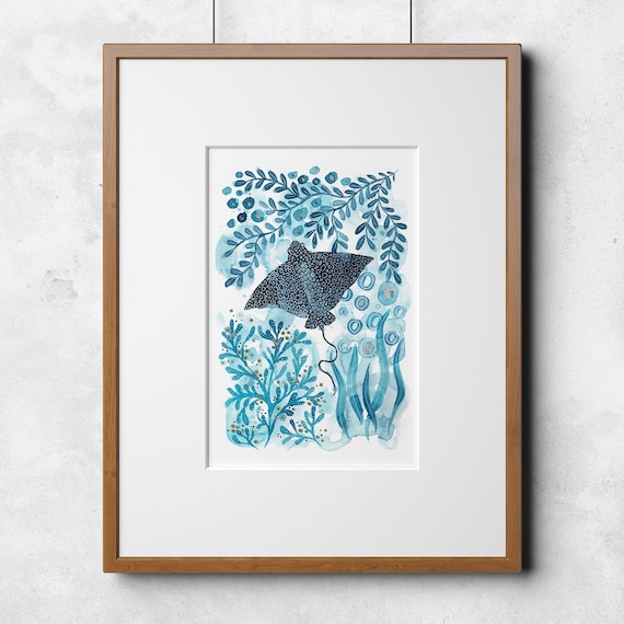 Eagle Ray Giclée Print: Abstract Watercolor Sea Art (A4)