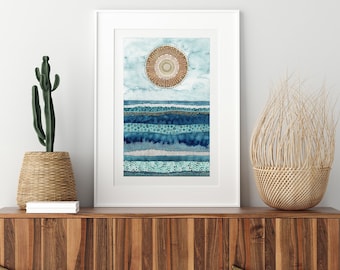 A3 Giclée print - Golden Waves  Watercolour Stripe, Beach Print, Beach Art, Seaside Art