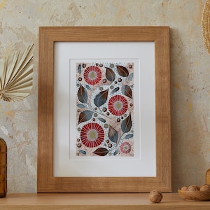 May include: A framed print of a floral design with red flowers and blue leaves on a white background. The frame is made of wood and has a natural finish.