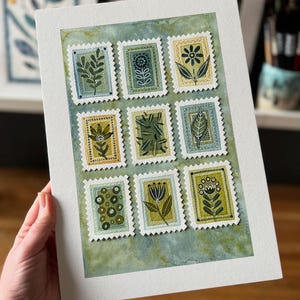 Floral Briefmarke Druck, Aquarell Collage Print, Grüne Wand Kunst, Stempel Wand Kunst
