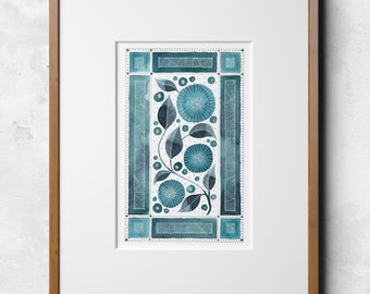 A4 Original Artwork - Seafoam & White Floral Watercolour, Blue Artwork, Folk Art