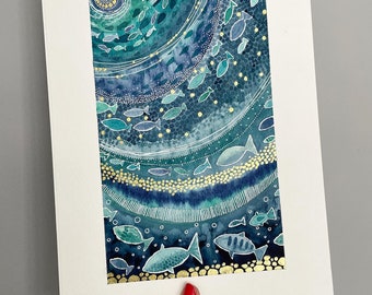 A4 Giclée Print - Underwater Fish Shoal, Blue & Gold Sea Abstract Watercolour, Fish Wall Art, Sea Art Print, Ocean Art Print