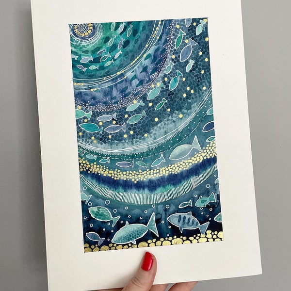 Blue & Gold Fish Shoal Giclée Print: Abstract Sea Art (A4)