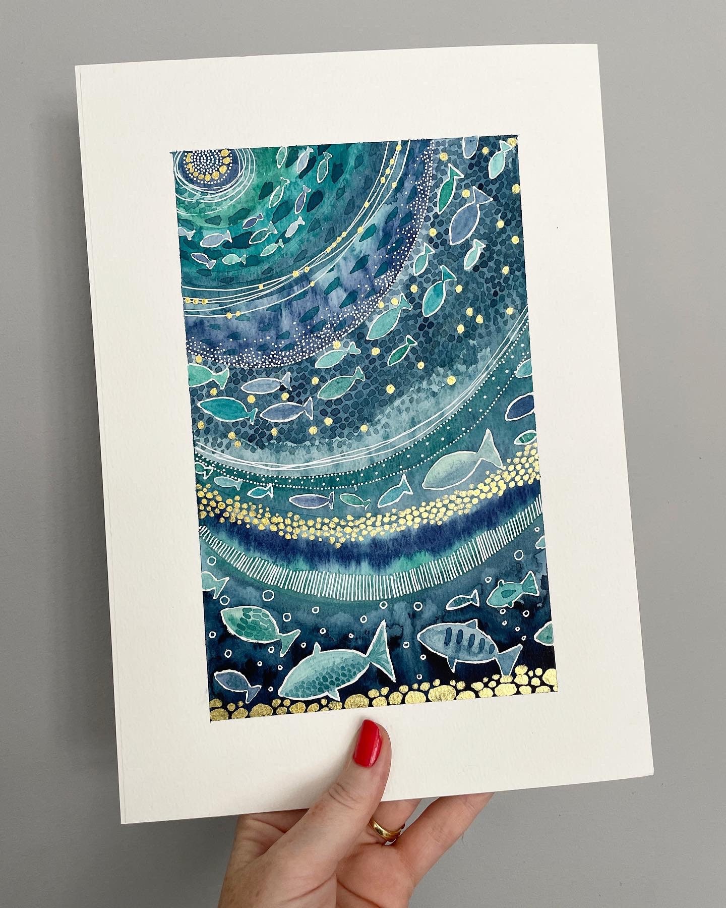 A4 Giclée Print - Underwater Fish Shoal, Blue & Gold Sea