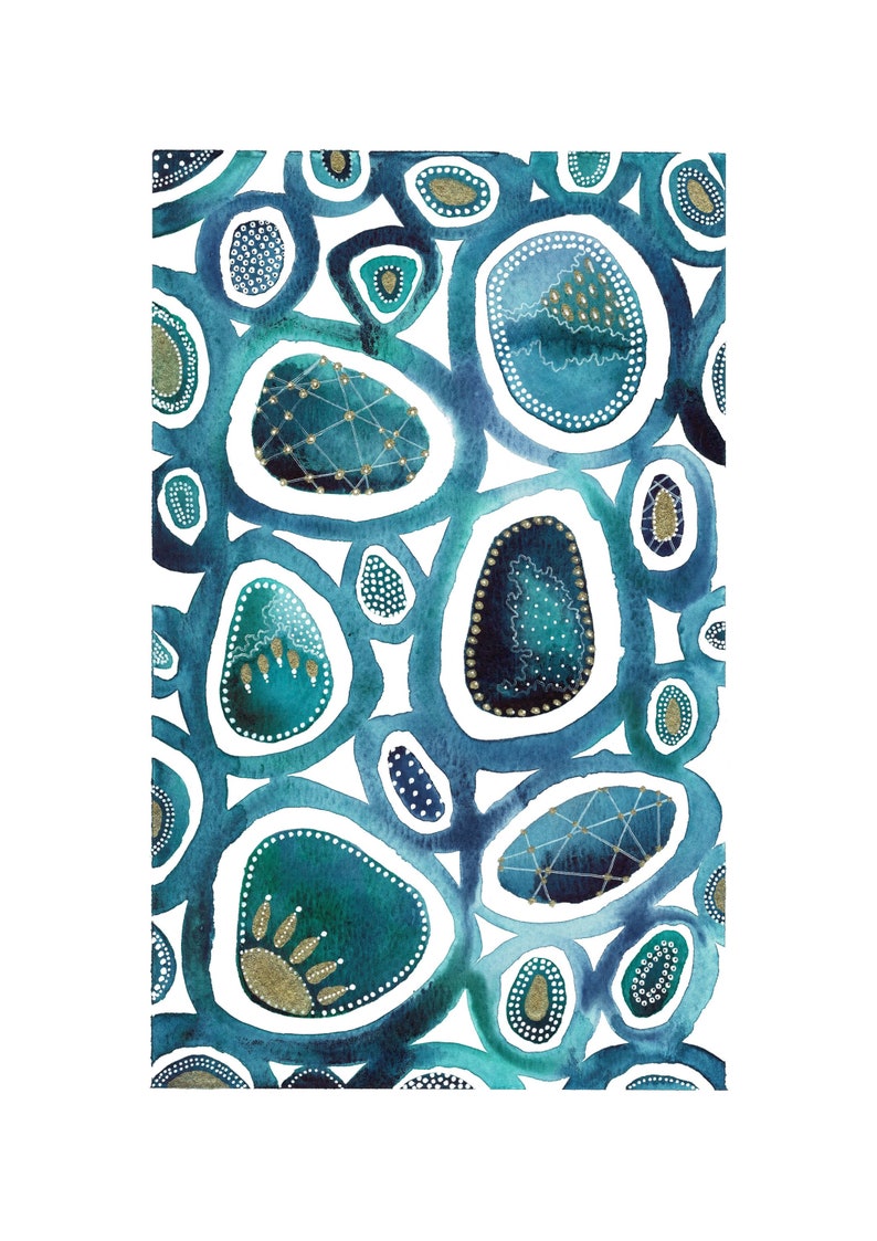 A4 Original Aqua & Gold Jewelled Abstract Watercolour Etsy