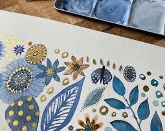 A4 Giclée print - Blue, Brown & Gold Abstract Watercolour