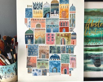 Moroccan Village Art Print: Colorful Collage, Hand Embellished Giclée