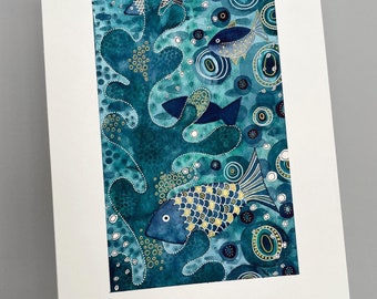 A4 Giclée Print - Seaweed Shoal, Blue & Gold Sea Abstract Watercolour, Fish Wall Art, Sea Art Print, Ocean Art Print