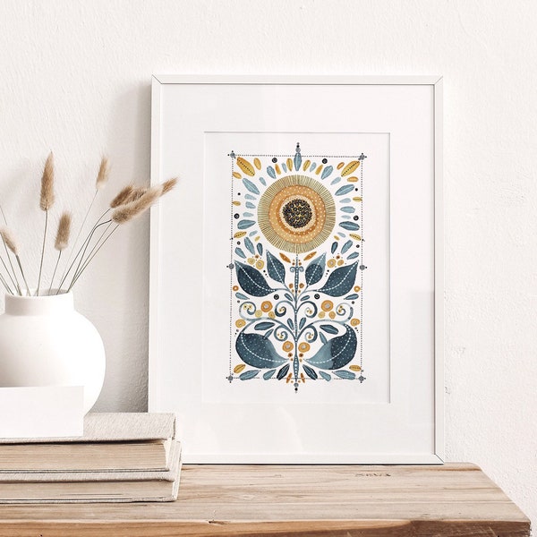 Folk Art Sunflower Giclée Print - Sunshine Floral Watercolour A4