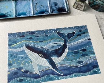 A4 Giclée Print - Watercolour Whale, Sea Watercolour, Ocean Watercolour Print, Blue Whale Print