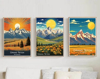 Pôster de viagem Grand Teton, arte de parede, pôster de parede Grand Teton, Wyoming, decoração para casa, presente para o Parque Nacional Grand Teton, amantes da arte, pôster de Wyoming