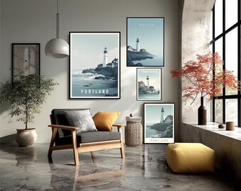 Portland Maine Travel Poster Art Print, Minimalist New England Wall Art Decor, Maine Lighthouse Travel Gift, Modern Coastal Home Decor Art